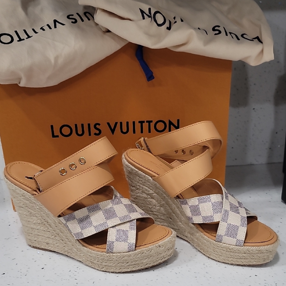 Louis Vuitton Tan and Cream Wedge Sandals